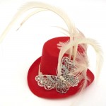 Bespoke Red Mini Top Hat Fascinator with Butterfly & Cream Feathers Bespoke Red Mini Top Hat Fascinator with Butterfly & Cream Feathers