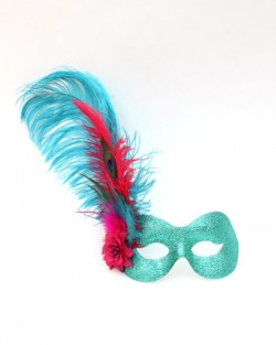 Tropical turquoise, pink & peacock feather masquerade mask