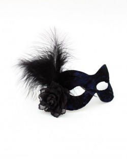 Electric Blue & Black Lace Mask with Soft Feathers