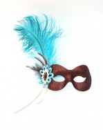 Chocolate Glitter Mask with Turquoise & Cream Feathers & Flowers