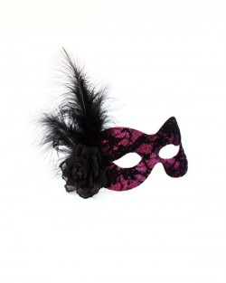 Pink sparkly mask handcovered in black lace with small feathers