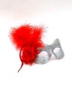 Silver sparkle glitter mask with red feathers & red flower
