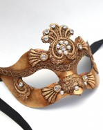 Womens Baroque Venetian Antique Gold & Pearl Masquerade Mask