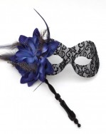 BlueFeatherFlowerBlackLaceStickMask