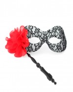 Black lace & red flower stick mask