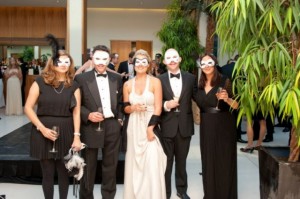 Bespoke masquerade masks designed for Mont Blanc with the Mont Blanc logo. Masks were white italian with black feathers and crystals