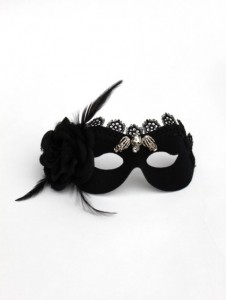 Black masquerade mask with gothic rose, black lace and silver skull and skeleton hands