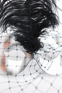 Silver Masquerade Mask with black ostrich feather and black widows veil