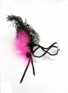 Burlesque white mask with black sequins, black ostrich feather and hot pink feathers