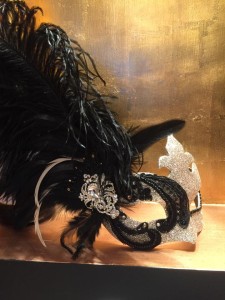 luxury champagne gold & black lace feather mask