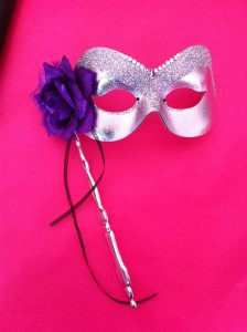 silver stick mask with purple flower