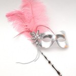 Silver stick mask with baby pink ostrich feathers & silver sequin leaf