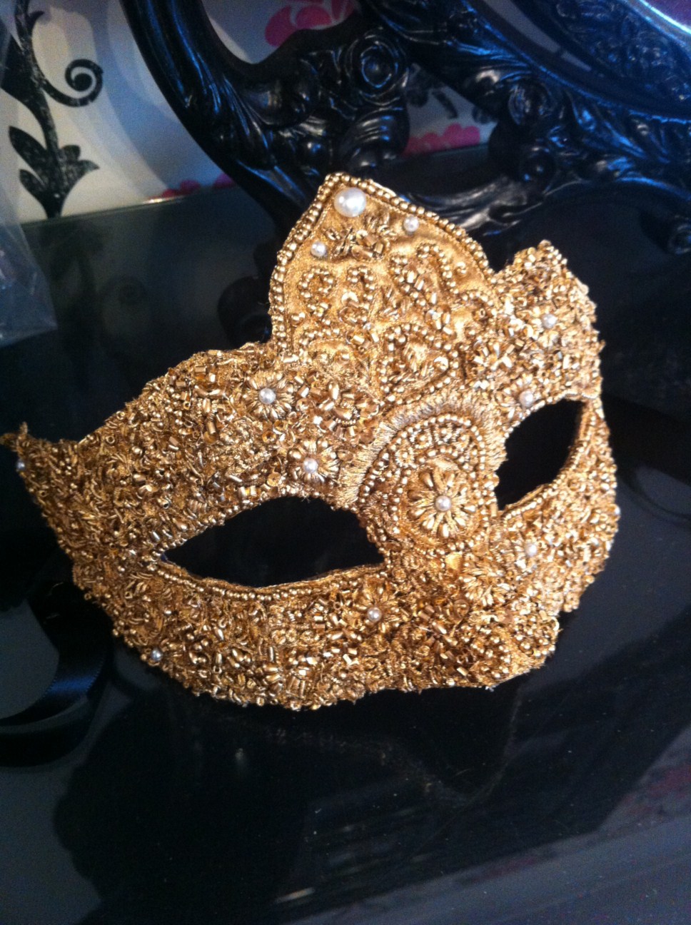 Gold Baroque Beaded Venetian Mask [50%] - Masque Boutique Masquerade Masks