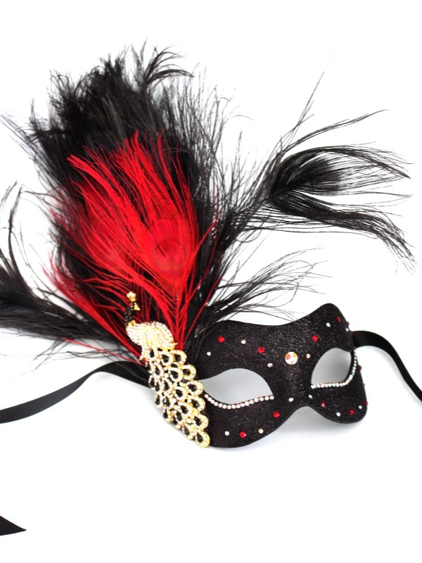 Luxury Red & Black Crystal Peacock Feather Venetian Mask