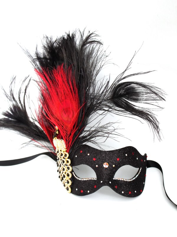 Luxury Red & Black Crystal Peacock Feather Venetian Mask