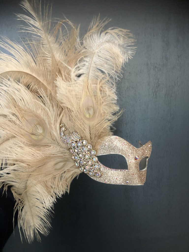 Womens Gold Crystal Peacock Feather Masquerade Mask