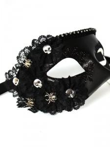 Gothic Halloween Black & Silver Lace Venetian Skull & Spider Masquerade Mask 
