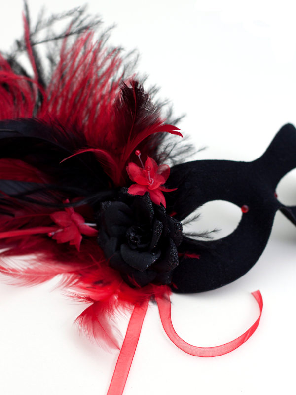 Women S Floral Black And Red Feather Masquerade Mask