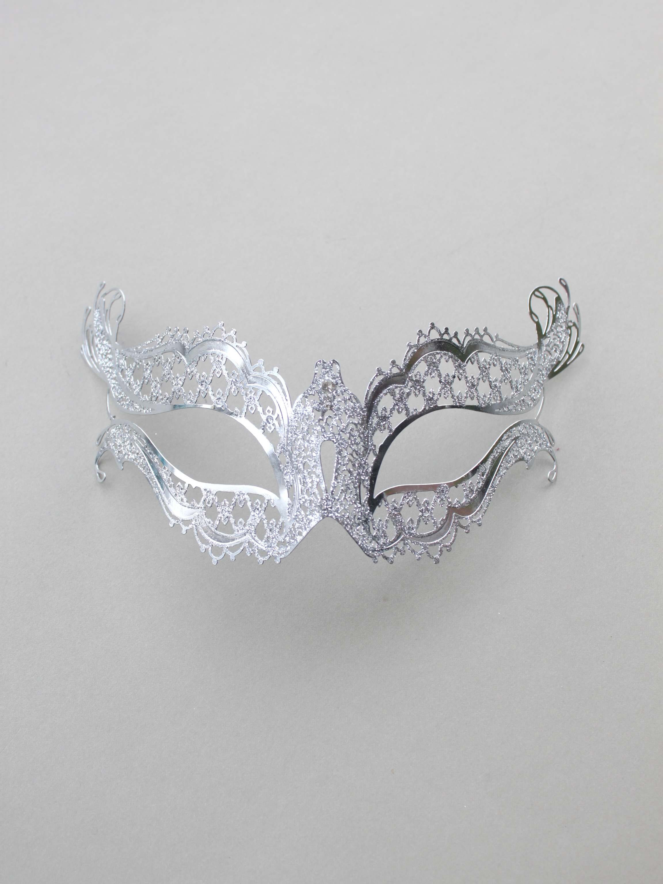 White Space Filigree Masquerade Mask With Clear Rhinestones