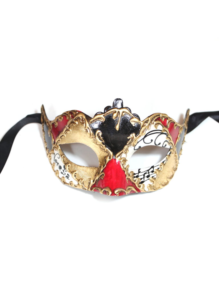 Genuine Venetian Harlequin Mask in Black, Red, Gold Music Notes